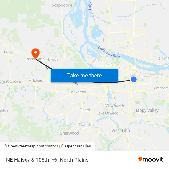 NE Halsey & 106th to North Plains map