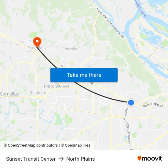 Sunset Transit Center to North Plains map