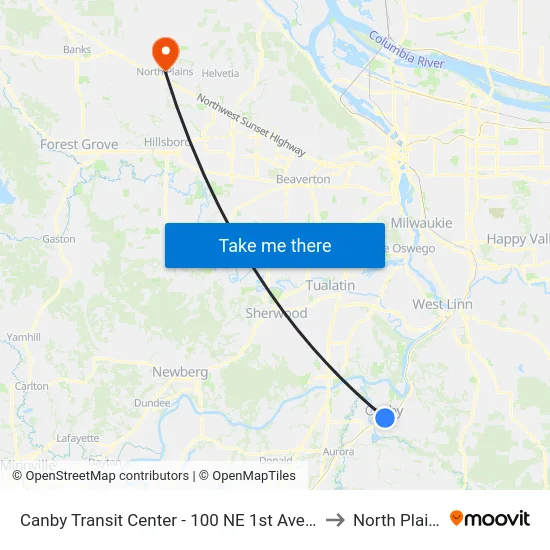 Canby Transit Center - 100 NE 1st Avenue to North Plains map
