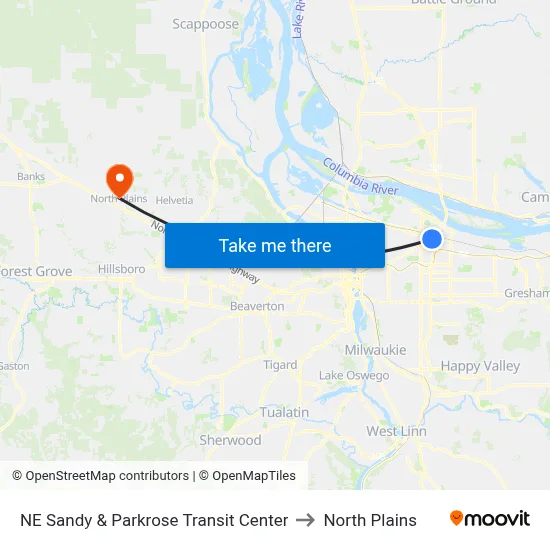 NE Sandy & Parkrose Transit Center to North Plains map