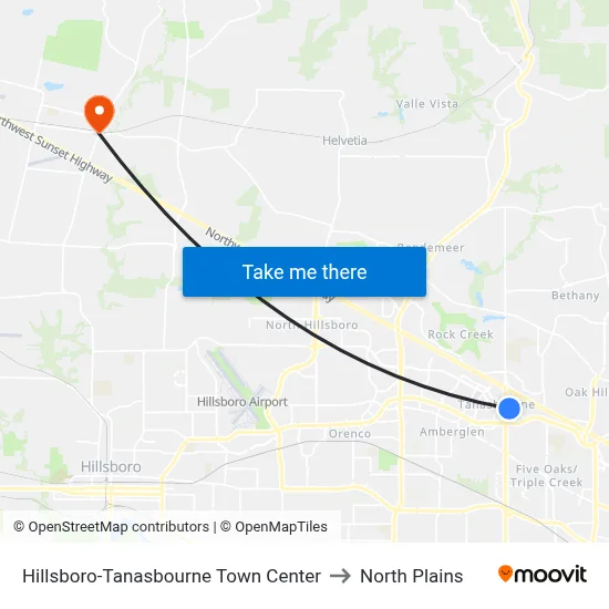 Hillsboro-Tanasbourne Town Center to North Plains map