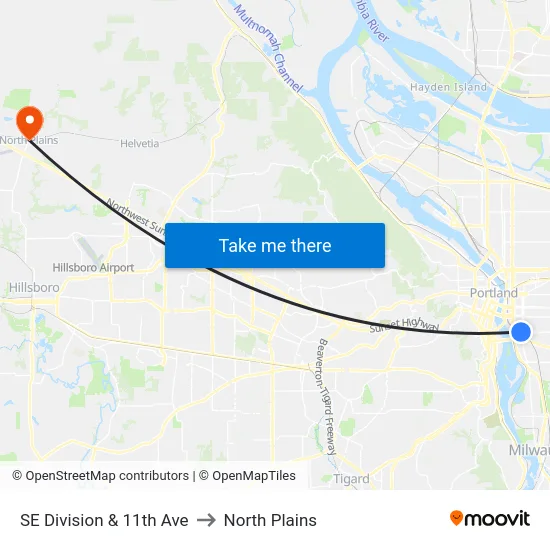 SE Division & 11th Ave to North Plains map