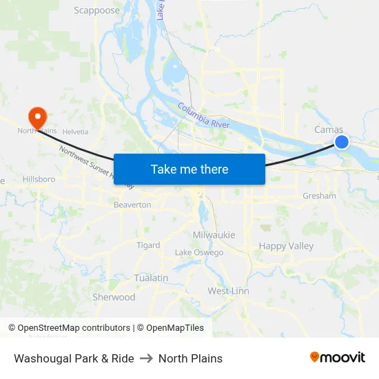 Washougal Park & Ride to North Plains map