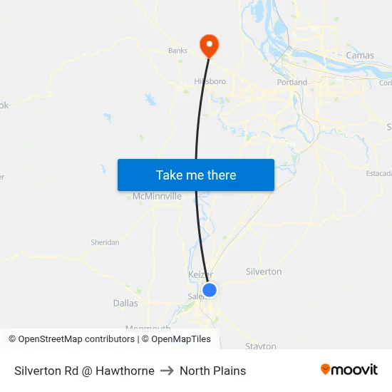 Silverton Rd @ Hawthorne to North Plains map
