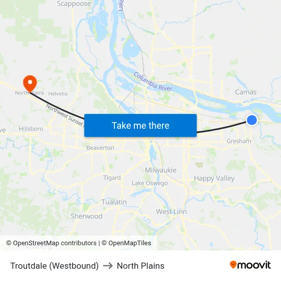 Troutdale (Westbound) to North Plains map