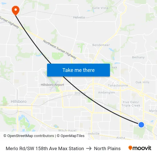 Merlo Rd/SW 158th Ave Max Station to North Plains map