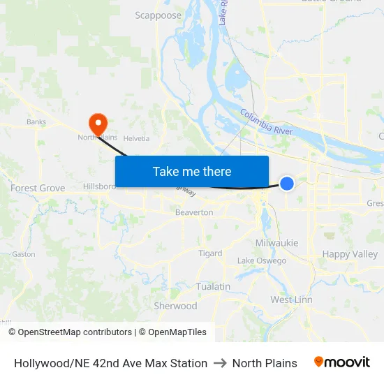 Hollywood/NE 42nd Ave Max Station to North Plains map