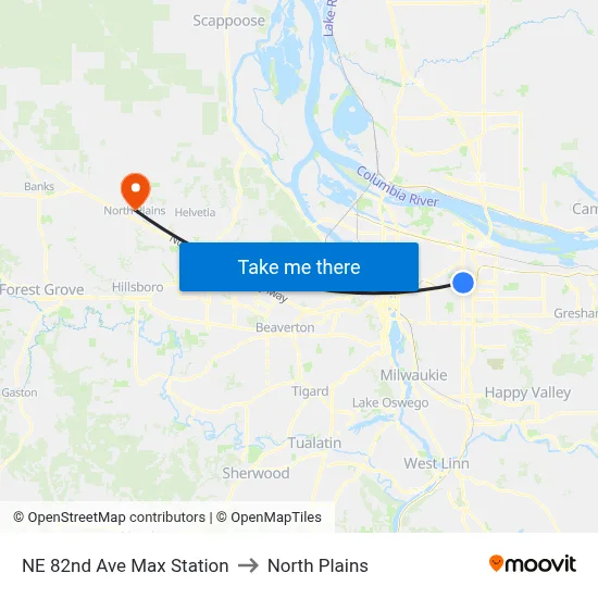 NE 82nd Ave Max Station to North Plains map