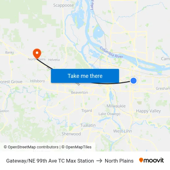 Gateway/NE 99th Ave TC Max Station to North Plains map