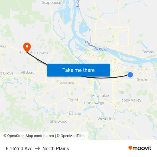 E 162nd Ave to North Plains map