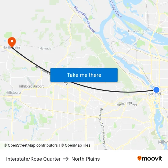 Interstate/Rose Quarter to North Plains map