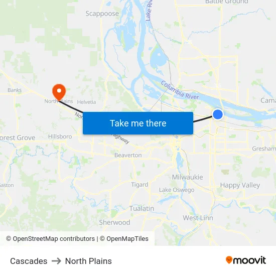 Cascades to North Plains map