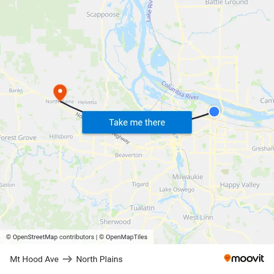 Mt Hood Ave to North Plains map