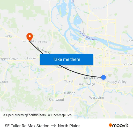 SE Fuller Rd Max Station to North Plains map