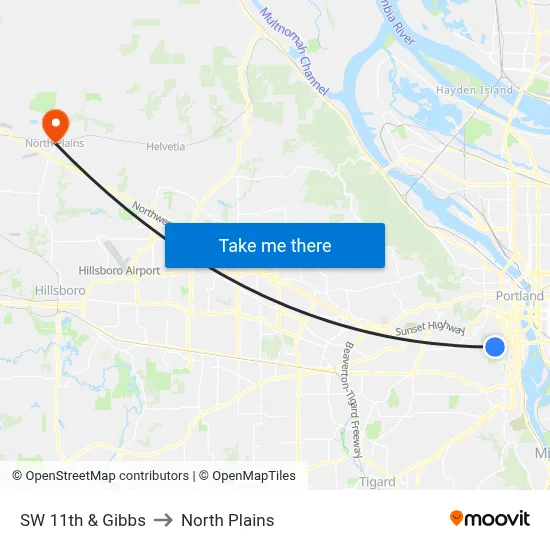SW 11th & Gibbs to North Plains map