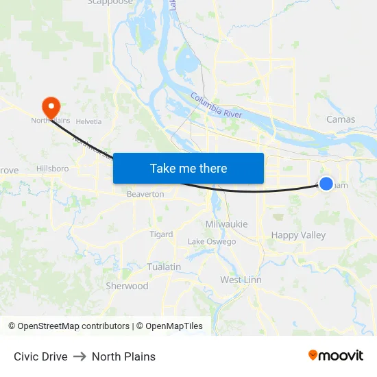 Civic Drive to North Plains map