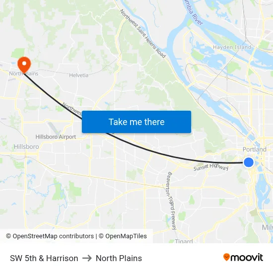 SW 5th & Harrison to North Plains map