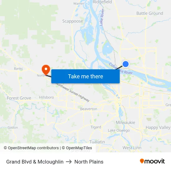 Grand Blvd & Mcloughlin to North Plains map