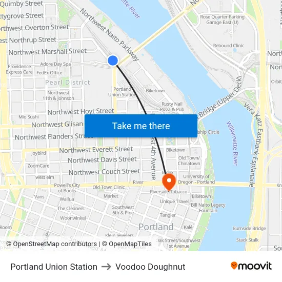 Portland Union Station to Voodoo Doughnut map