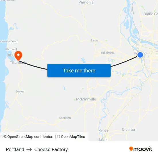 Portland to Cheese Factory map