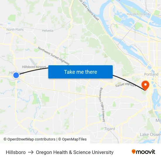 Hillsboro to Oregon Health & Science University map