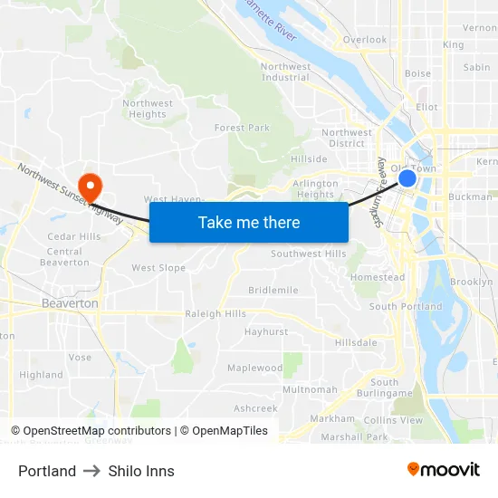 Portland to Shilo Inns map