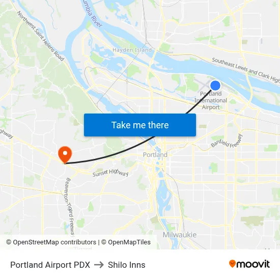 Portland Airport PDX to Shilo Inns map