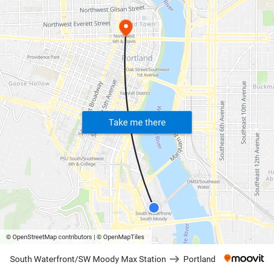 South Waterfront/SW Moody Max Station to Portland map
