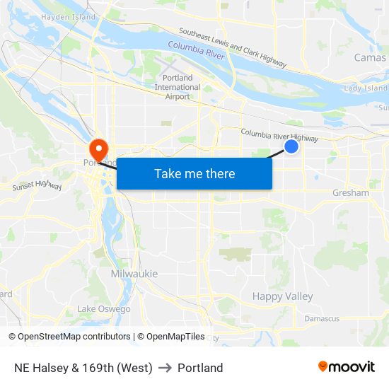 NE Halsey & 169th (West) to Portland map