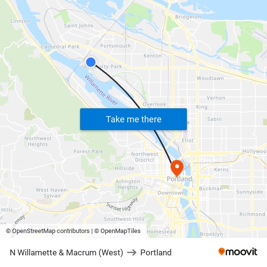 N Willamette & Macrum (West) to Portland map