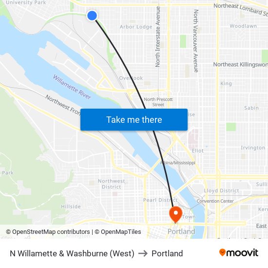 N Willamette & Washburne (West) to Portland map