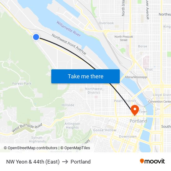 NW Yeon & 44th (East) to Portland map