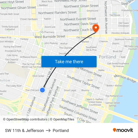 SW 11th & Jefferson to Portland map
