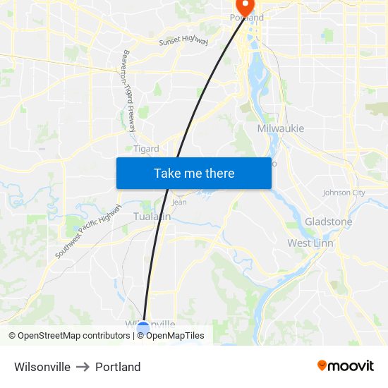 Wilsonville to Portland map