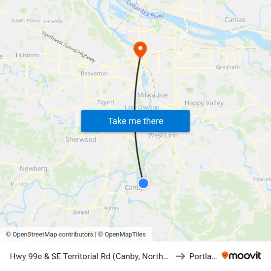 Hwy 99e & SE Territorial Rd (Canby, Northbound) to Portland map