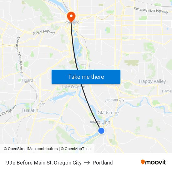 99e Before Main St, Oregon City to Portland map