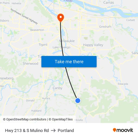 Hwy 213 & S Mulino Rd to Portland map