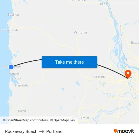 Rockaway Beach to Portland map