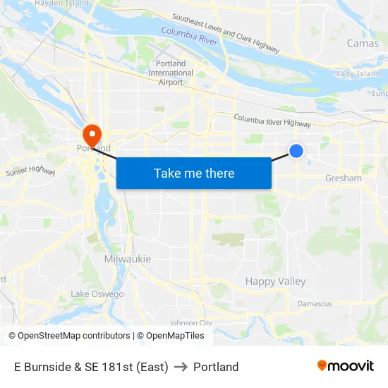 E Burnside & SE 181st to Portland map
