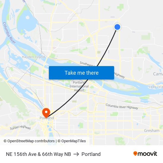 NE 156th Ave & 66th Way NB to Portland map