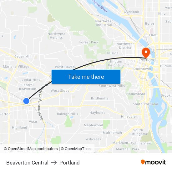 Beaverton Central to Portland map