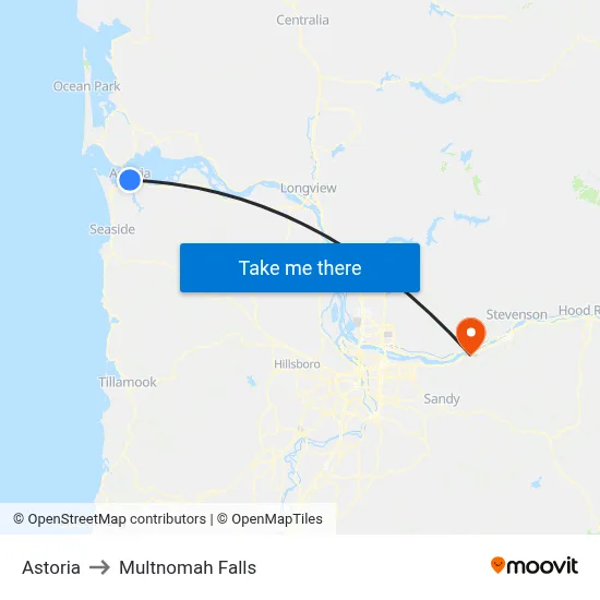 Astoria to Multnomah Falls map