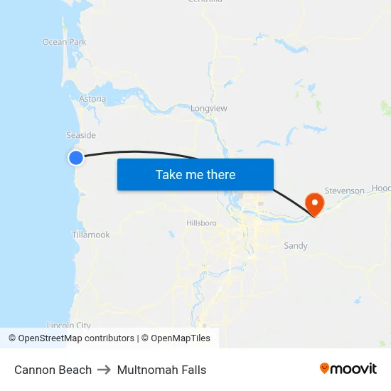 Cannon Beach to Multnomah Falls map