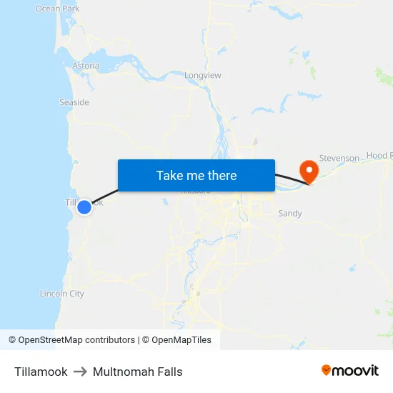 Tillamook to Multnomah Falls map