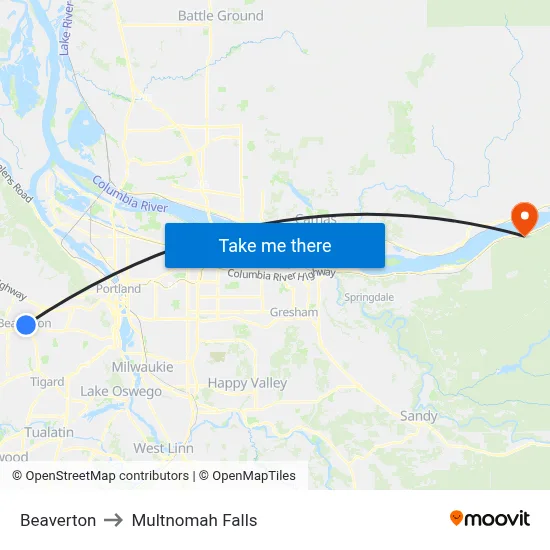 Beaverton to Multnomah Falls map