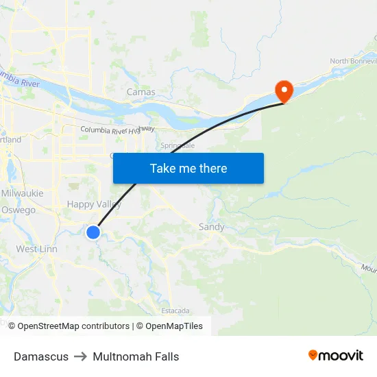 Damascus to Multnomah Falls map
