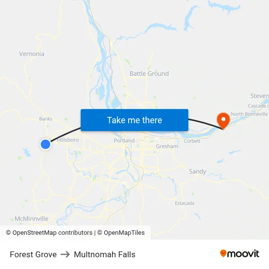 Forest Grove to Multnomah Falls map