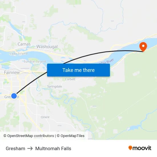 Gresham to Multnomah Falls map