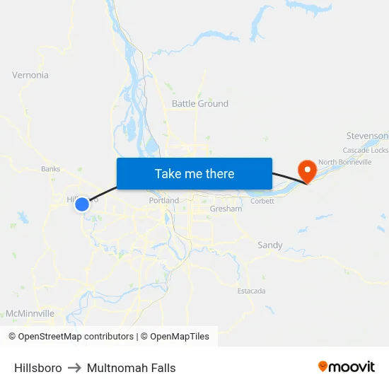 Hillsboro to Multnomah Falls map