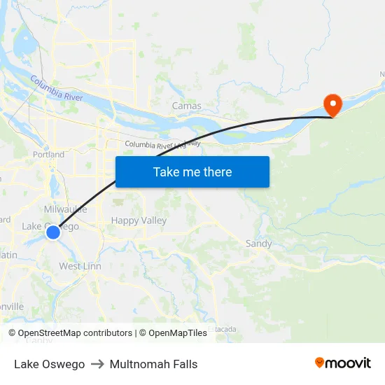 Lake Oswego to Multnomah Falls map